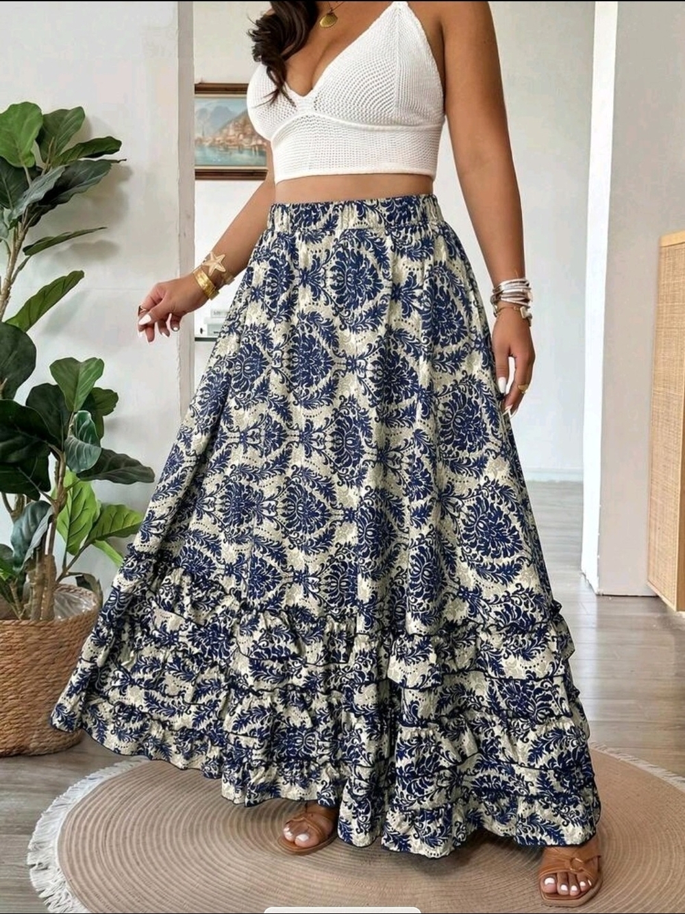 SHEIN Navy and Cream Floral Tiered Maxi Skirt